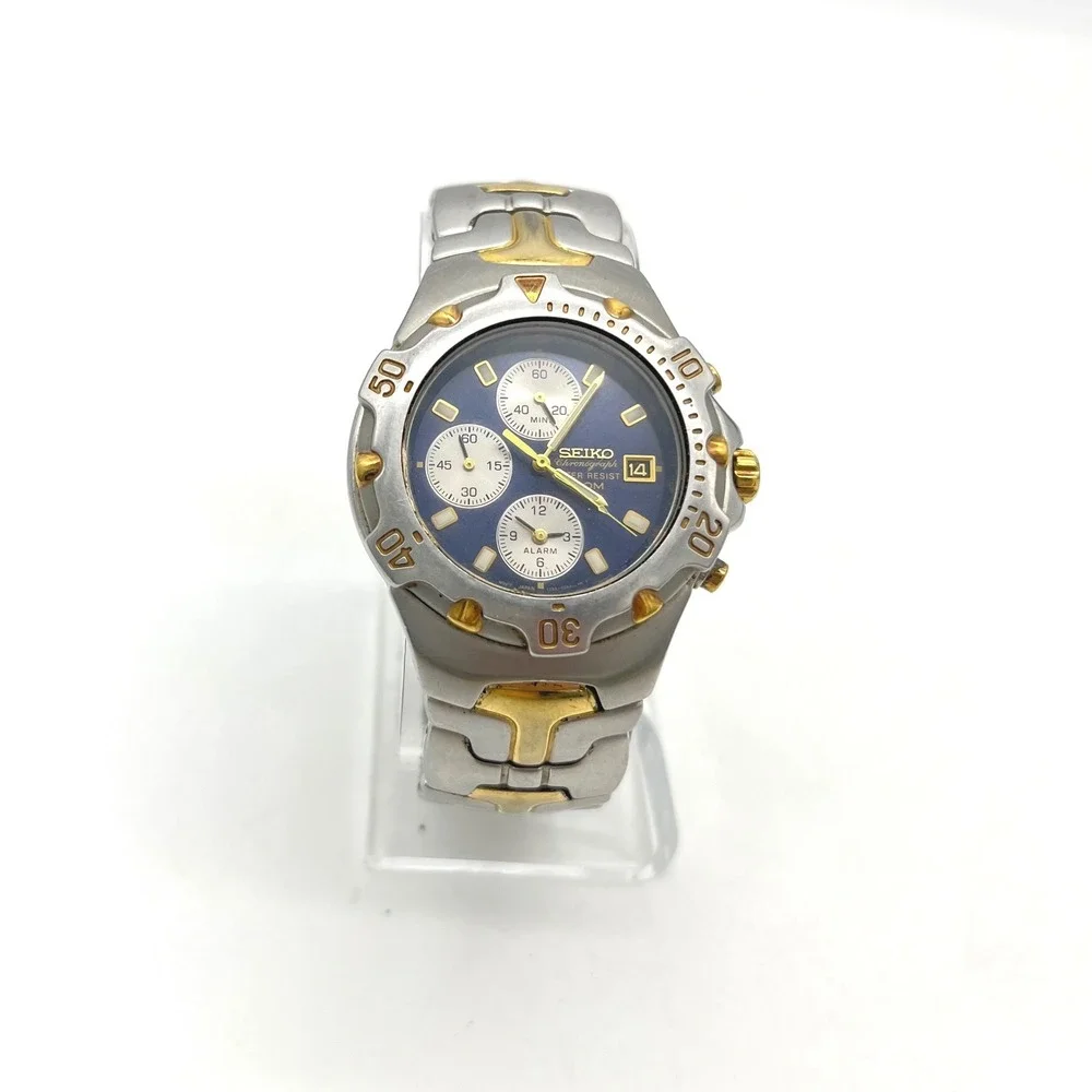 Seiko Chronograph Alarm 7T62-0CR0 Blue Dial Two Tone Stainless Steel Watch